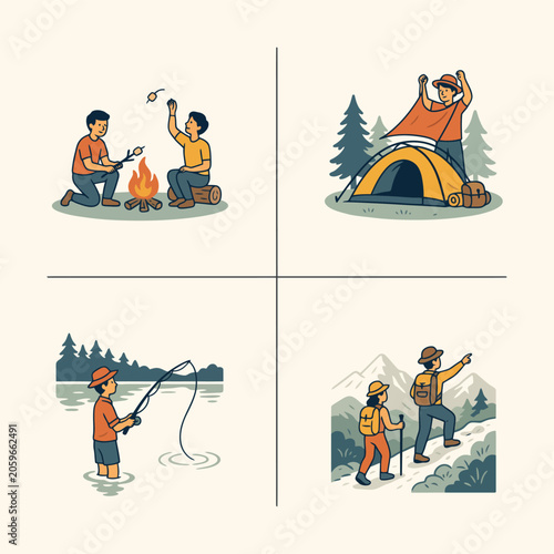 Four illustrated winter sports activities: skiing, snowboarding, ice skating, and snowman building