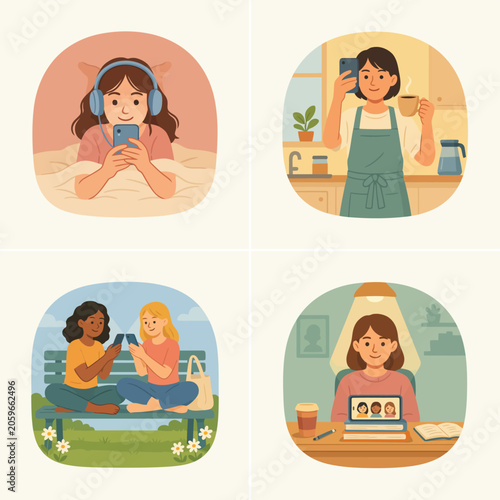 Four illustrated women in different activities, cooking, gardening, cleaning, and reading, flat style