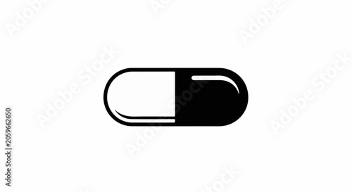 Simple black and white icon of a pharmaceutical capsule, half white and half black