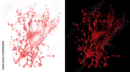 Dynamic red liquid splash on white and black backgrounds, crown shaped water burst, ruby colored juice or wine explosion for beverage advertising