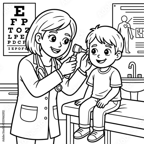 Doctor examining child ear coloring page