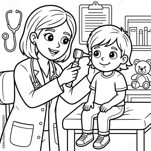 Doctor examining child ear coloring page