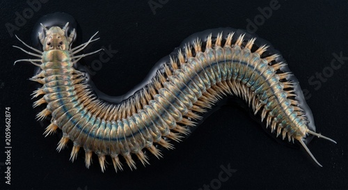 Dorsal view of iridescent polychaete bristle worm crawling on wet dark substrate