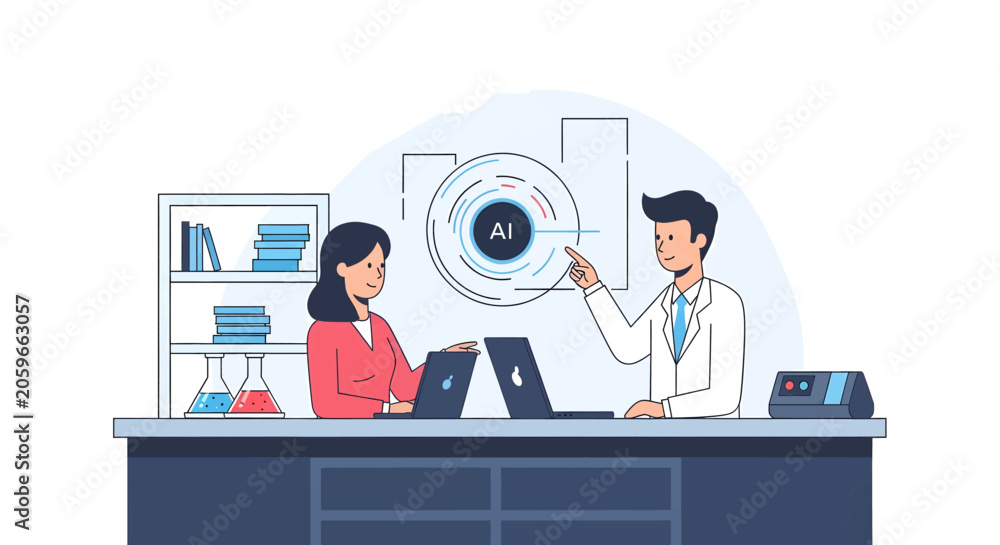 Fototapeta premium Two scientists collaborating on artificial intelligence research in a laboratory setting.