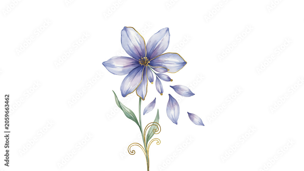 Obraz premium Watercolor purple flower with gold outline and falling petals isolated on a transparent background