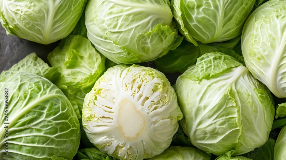 Fototapeta premium Organic Green Cabbages Pile Macro Photography Showcasing Textured Layers and Culinary Fresh Produce.