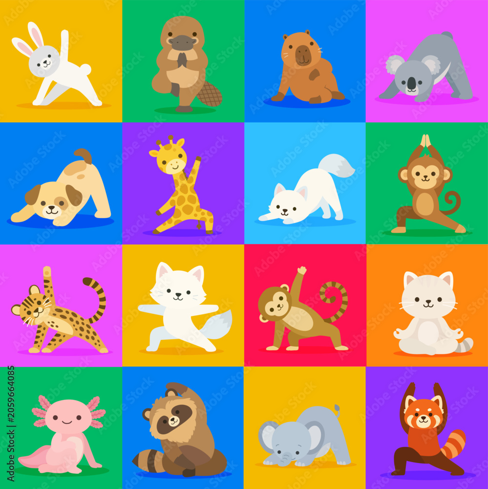 Fototapeta premium Animal yoga pose vector icon set