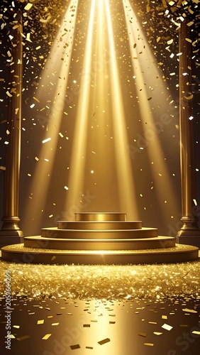 Golden stage with spotlight and confetti showering from above