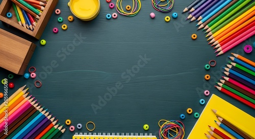 School supplies frame on a dark wooden background