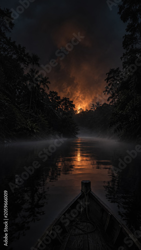 Distant fire glow reflected on a misty river through a dark forest.generative AI