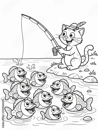 Smart fish laugh at a fishing cat coloring page
