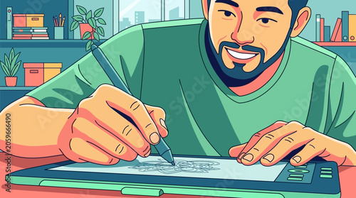 bearded man drawing intricate mandala art on a digital tablet showcasing creative graphic design and illustration in a modern home office.