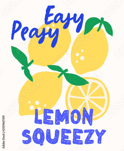 Summer fruit vector print design. Bright tropical exotic illustration of lemons. Easy peasy lemon squeezy