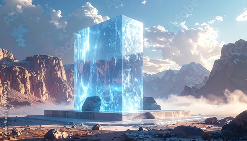 Large, glowing, rectangular crystal structure in a desert landscape
