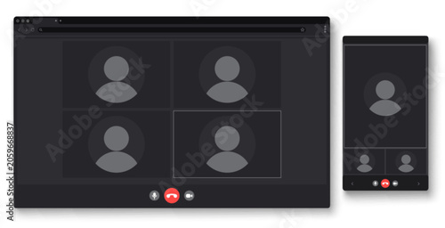 Obraz na plátne Video call interface mockup with conference screen layout, realistic vector background