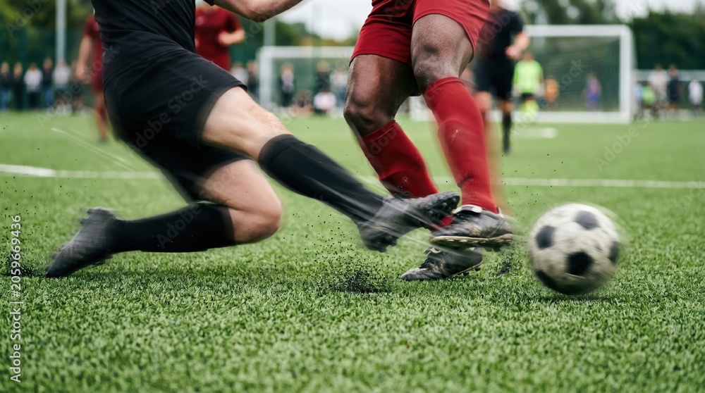 Obraz premium Soccer players in a competitive tackle on the field. African American man and caucasian man playing a match. Dynamic action shot of sport, athletic movement, ball possession and competition.