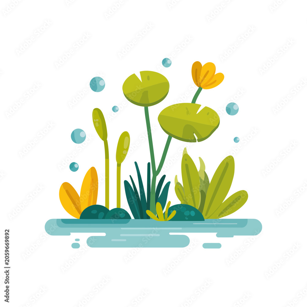 Fototapeta premium Colorful Aquatic Plants and Flowers with Bubbles