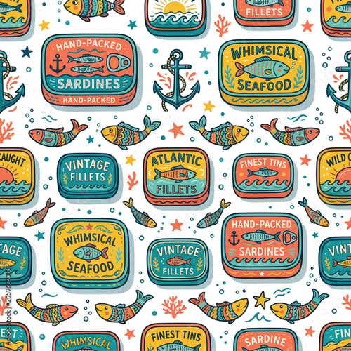 seafood pattern showcasing sardines tin cans fish illustration and vintage packaging a whimsical marine design for branding.
