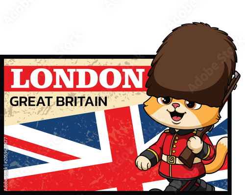Vászonkép Retro horizontal badge featuring a cute cat mascot dressed as a royal guard stan