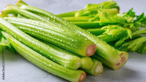 Fresh green stalks of garden vegetable rest upon a pale surface glistening with moisture