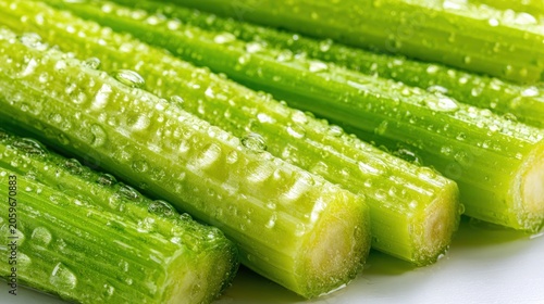 Fresh green vegetable stalks glisten with numerous clear water droplets up close.