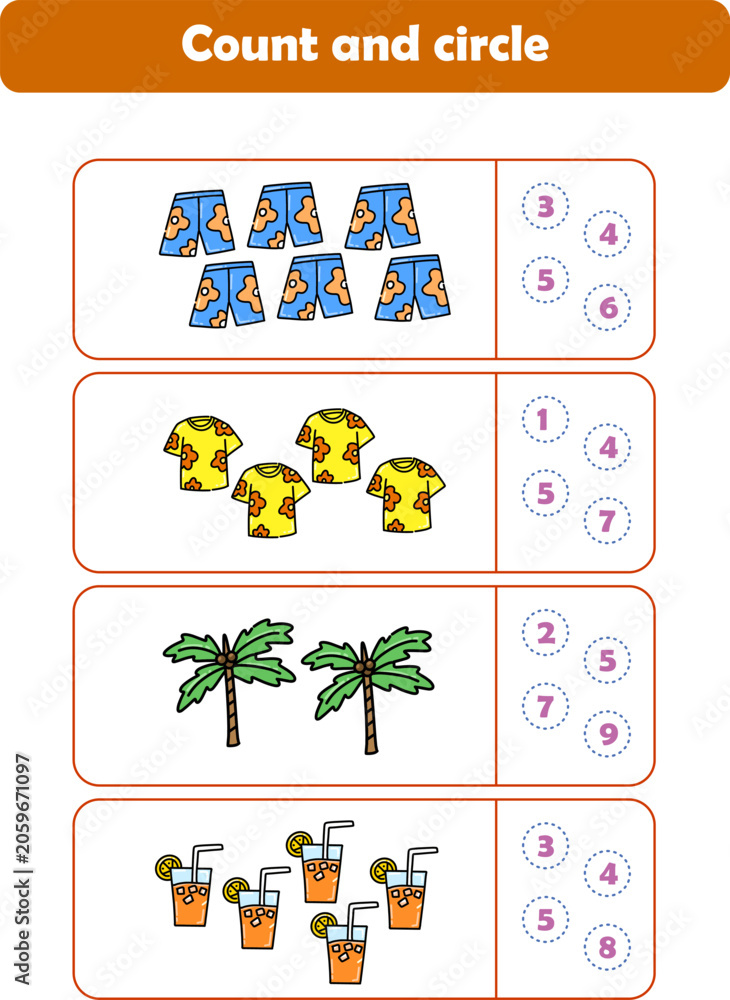 Naklejka premium Counting game of summer stuff for preschool kids. Printable. Vector Illustration