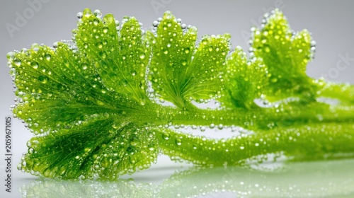 Vibrant green foliage covered in microscopic spheres of liquid is dramatically illuminated in a close up