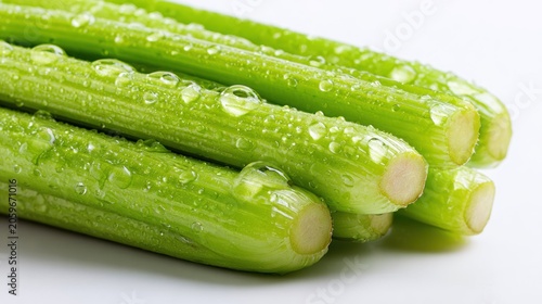 Several fresh green stalks of crisp vegetable covered with glistening water droplets rest together
