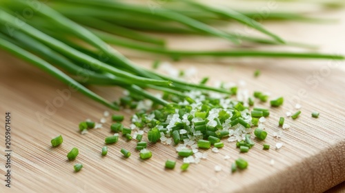 Freshly chopped green herbs are mixed with coarse salt crystals on a wooden surface
