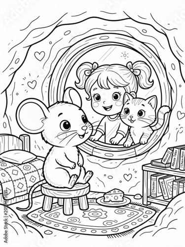 A girl and a cat looking into a mouse hole coloring page