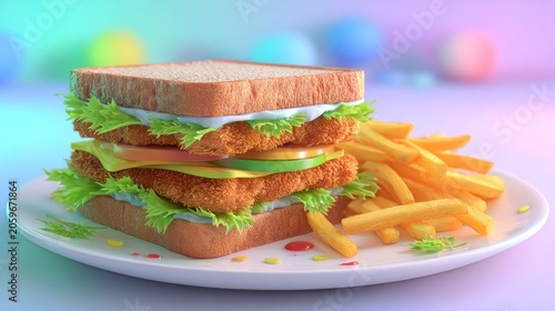 Crispy layered sandwich creation served alongside a mound of golden fried potato sticks on a plate