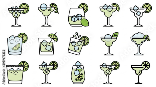Collection of Refreshing Cocktail Drinks with Lime and Ice.
