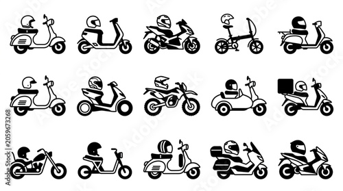 Collection of Scooter and Motorcycle Illustrations with Riders.