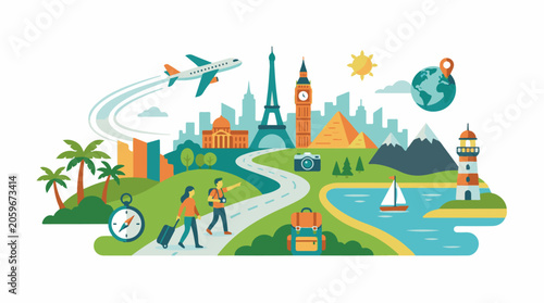 Vibrant travel illustration with landmarks, people, and transportation