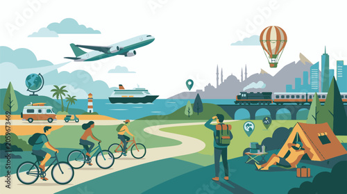 Vibrant illustration of various travel modes and scenic landscapes