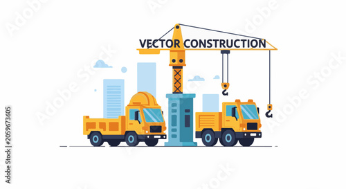 Vector graphic of construction site with crane and trucks