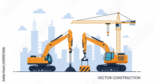 Vector graphic of construction site with cranes and excavators
