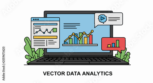 Vector graphics of laptop displaying data analytics on screen with graphs