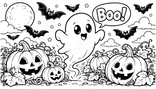 Cute Little Ghost Saying Boo Surrounded by Carved Pumpkins and Flying Bats in a Spooky Halloween Night Landscape Line Art Coloring Page