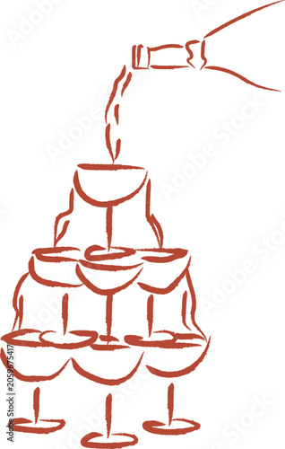 Hand drawn champagne tower pyramid with wine pouring from a bottle isolated on white. A whimsical brush stroke celebratory illustration for wedding receptions, New Year's Eve, romantic events. Vector.