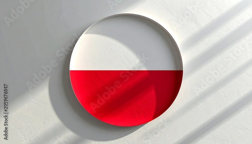 Graphic with white upper and red lower parts inside of a circle