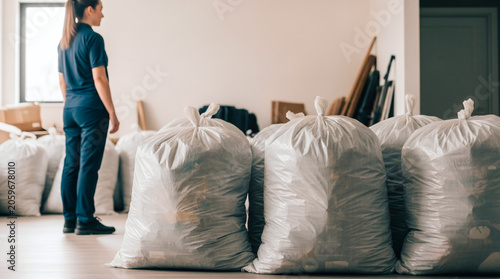 Woman in uniform standing near many large trash bags ready for disposal