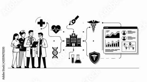 Medical professionals with healthcare symbols and data