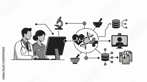 Medical professionals using a computer with connected healthcare icons