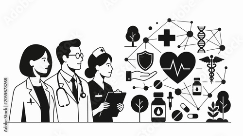 Medical professionals surrounded by health-related symbols and molecules