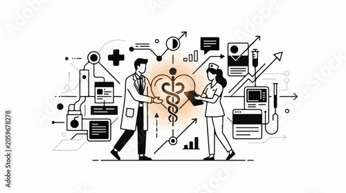Medical professionals surrounded by health-related icons and symbols