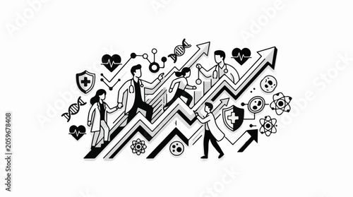 Medical professionals interact with symbols representing healthcare