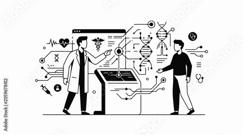 Medical professionals interact with futuristic technology displaying health data