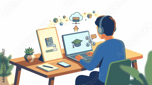 Online learning illustration with a student wearing a headset