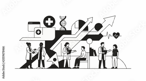 Medical professionals interact in a clinic with DNA, cross, and heartbeat symbols
